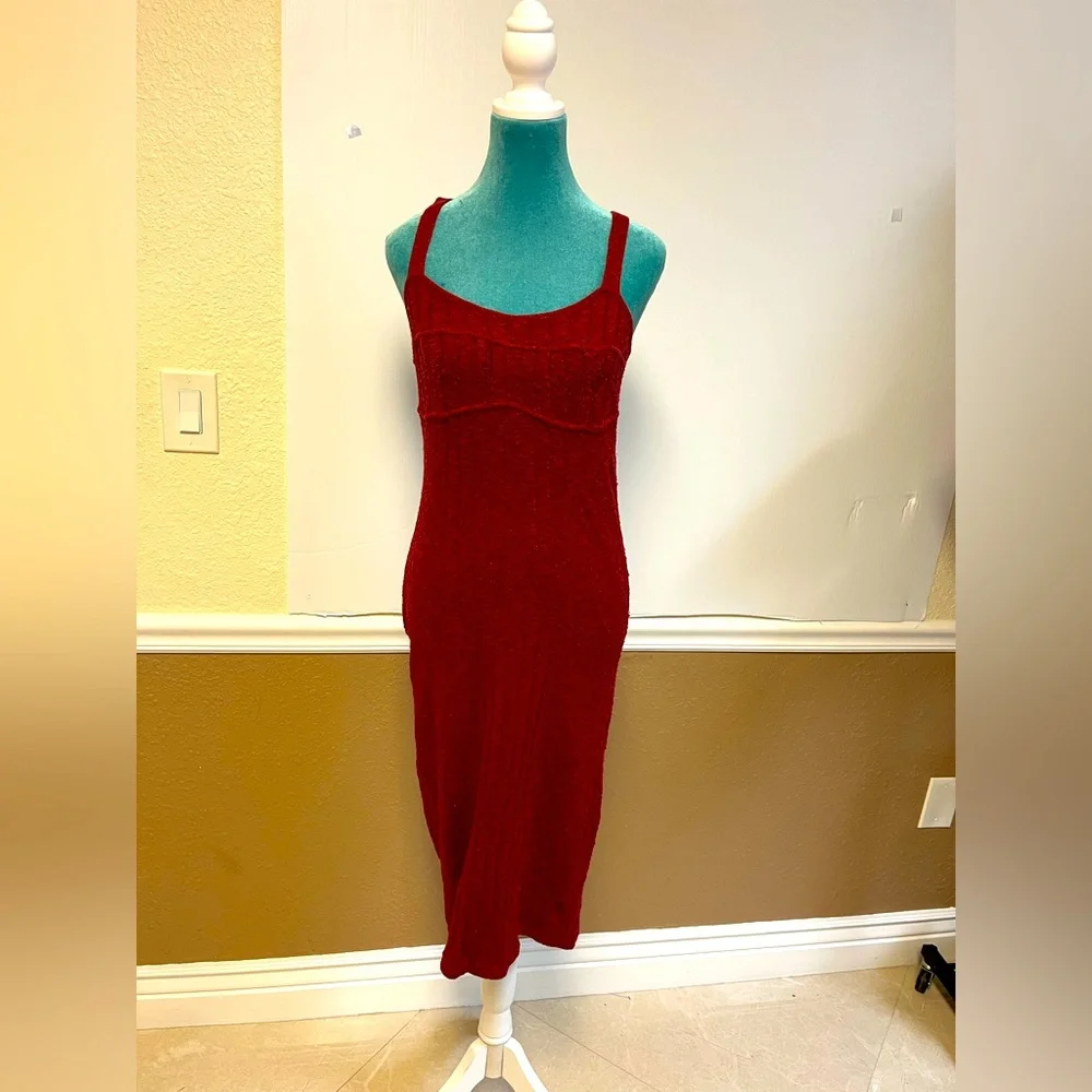 Free People Burgundy Knit Midi Dress – Slim Fit Spaghetti Strap Size‎ S